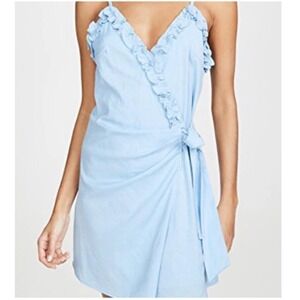 Lost + Wander Wrap Dress Light Blue Sz Medium Ruffle V-Neck Spaghetti Strap Cute